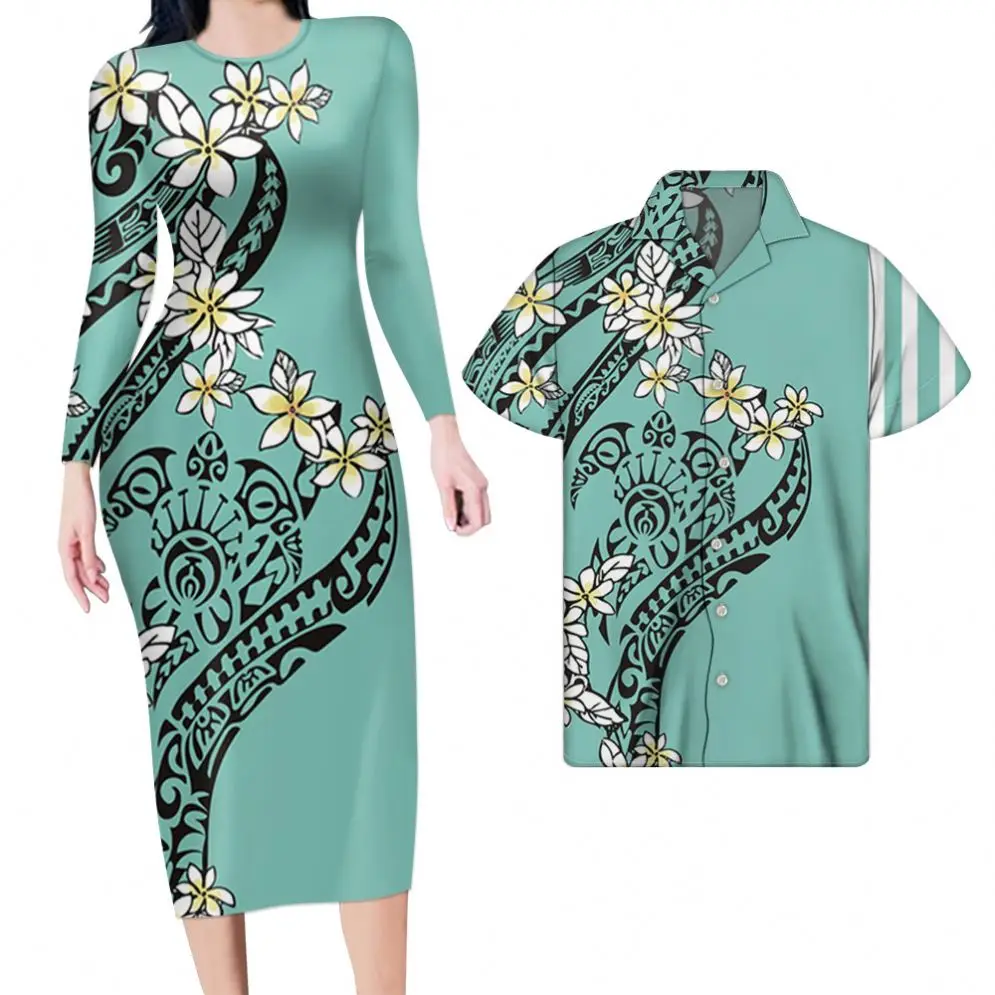 

Polynesian Tribal Print New Arrivals Couple Clothes Bodycon Print Dress & Men Shirt Couple Dress Tribal Design Pattern Print, Customized color