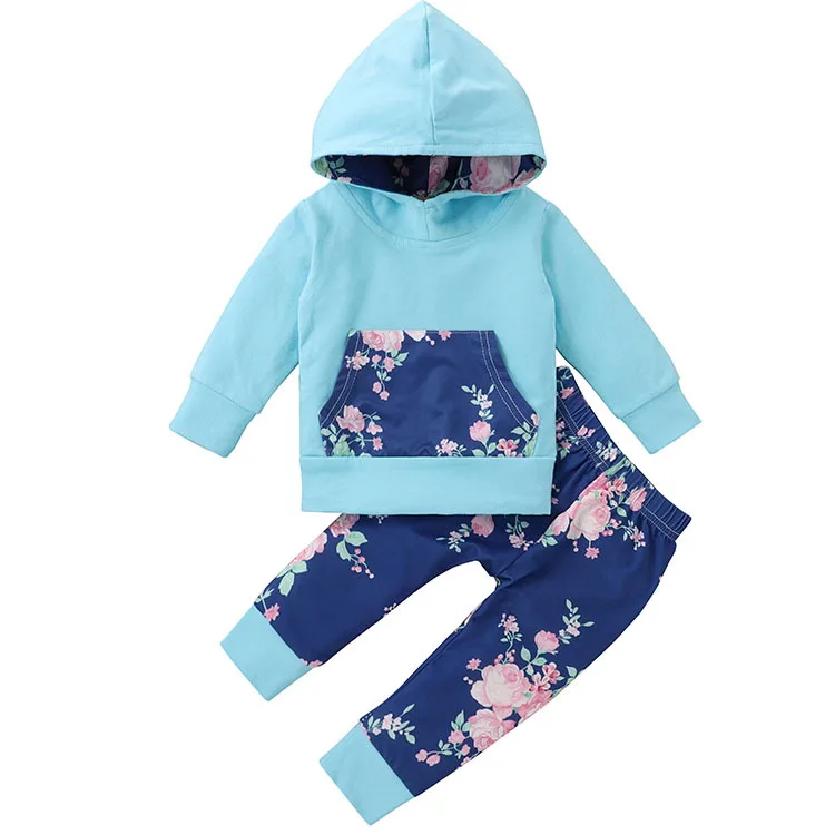 

Girls' two-piece floral print color matching hooded sweater