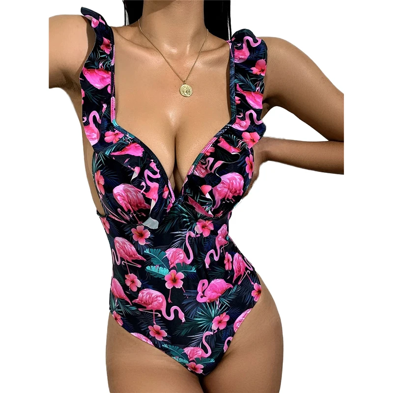 

custom logo label tag 2021 Flamingo print swimwear ruffle High Leg One Piece Swimsuit, Printing