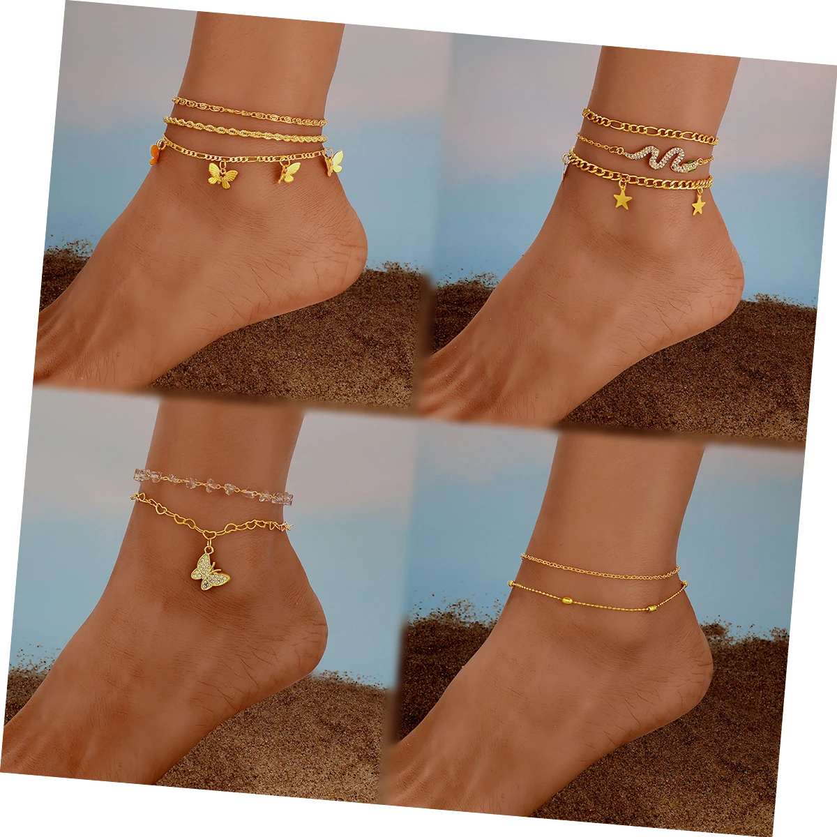 

Bohemia Multilayered Lock Snake Chain Anklet For Women Gold Butterfly Shell Anklets Foot Bracelet Beach Jewelry