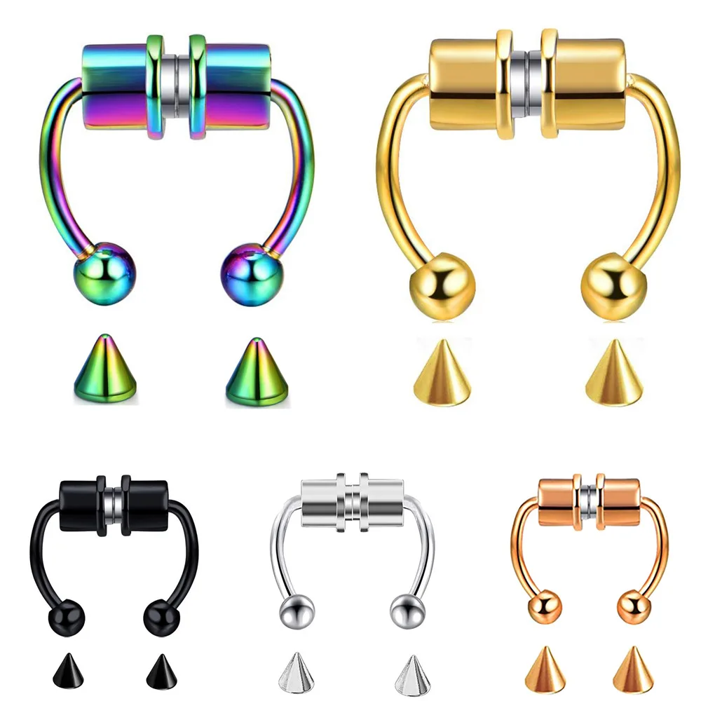 

2023 new color stainless steel non-perforated magnetic false nose ring horseshoe reusable personalized fashion jewelry