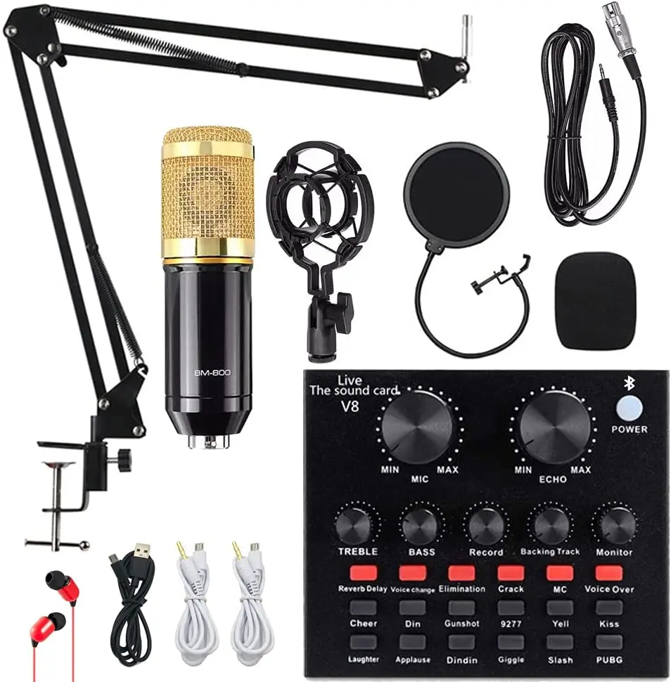 

Condenser Microphone BM-800 Mic Kit with Live Sound Card, Adjustable Mic Suspension Scissor Arm, Metal Shock Moun, Gold