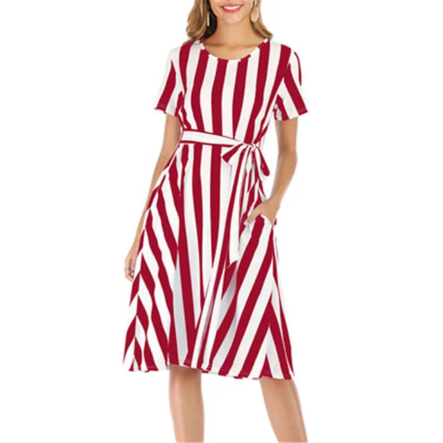 

New round neckline short sleeves striped strappy pocket large skirt dress, 10 color