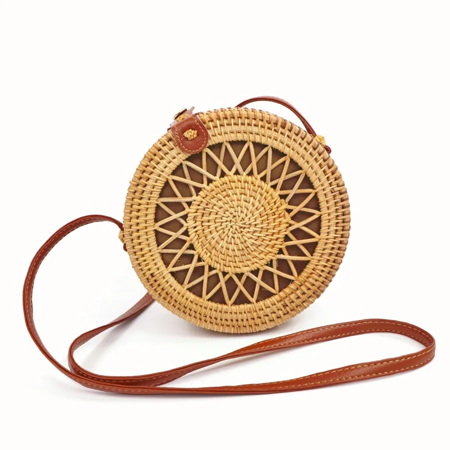 

Shoulder Leather Straps Natural Chic Hand Handwoven Round Rattan Bag