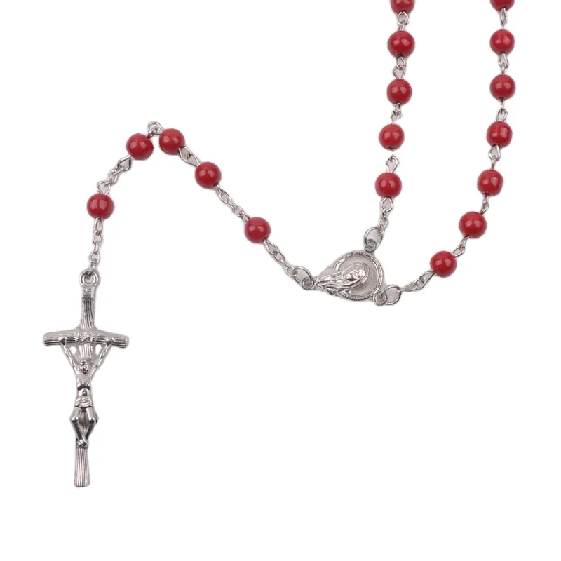 

Factory Wholesale Alloy Crucifix  Red Glass Necklace Catholic Rosary Orthodox Cross For Our Lady Centerpiece, Picture