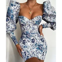 

H8946# Fashion Print Puff Sleeve Wrap Slim Fit Shirt Dress
