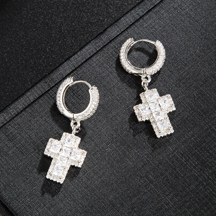 

Popular Hip Hop Cross Earrings Men and Women Diamond Zircon Huggie Hinge Earrings