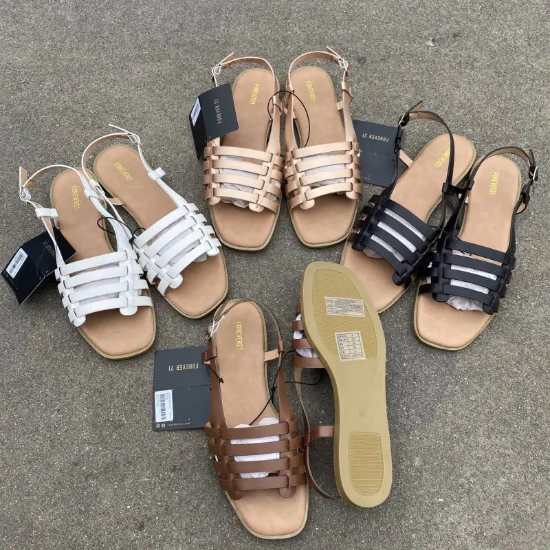 

2021 Europe & American high quality hollow out solid color summer women new fashion flat sandals, Black, white, gold, brown