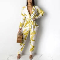 

New Design Plant Printed V Collar Women Outfit Blazers Suit Set For Ladies Two Piece Set