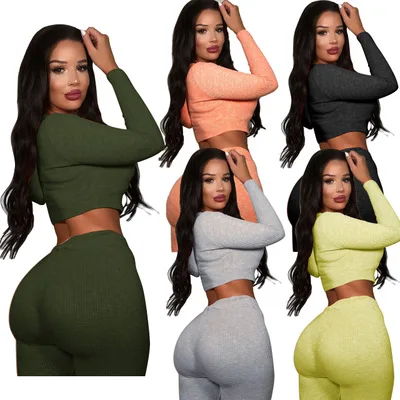 

New Arrival Sexy Women Long Sleeve Crop Top And Sweatpants Two Piece Sports Fitness Yoga Wear Sets, 5 colors