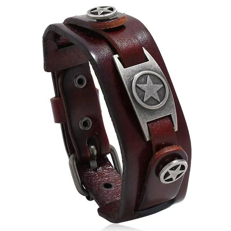 

New fashionable handmade sporty jewelry adjustable star alloy punk men leather bracelet, 2 colors