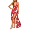 Women's Boho Deep V Neck Backless Floral Beach Sexy Side Split Tie Up Maxi Beach Long Dress