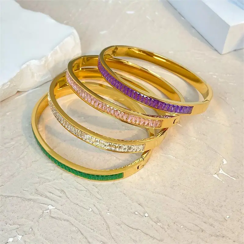 

Luxury titanium steel bracelet jewelry Inlaid half circle colored rectangular zircon stainless steel gold-plated bangle