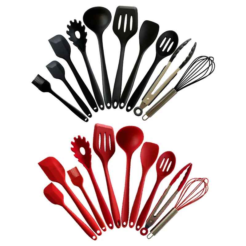 

Luxury Silicone Cooking Utensil Kitchenware Spatula Set Home and Kitchen Accessories Tools with Wooden Handle, Red,black