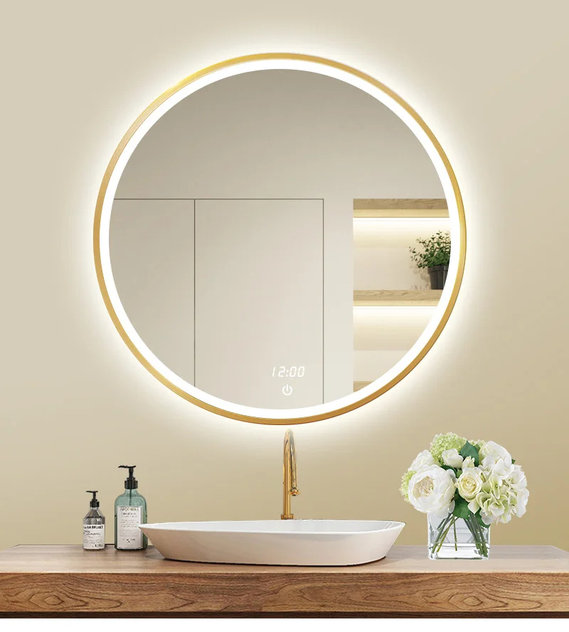 Round Modern Bathroom Mirror Wall Mounted Anti-Fog Smart Led Light Framed Mirrors With Time Display