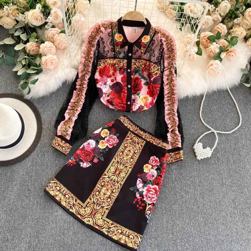 

2021 Spring New Fashion Two-Piece Skirt Set Court Style Vintage Printed Long Sleeve Shirt High Waist Skirt Women's Outfits