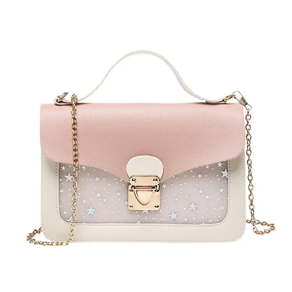 

China Factory Wholesale New Fashion Women Shoulder Square Bags Transparent Front Pocket Mini Ladies Handbags With Metal Chain, Pink/black/red/gray/brown