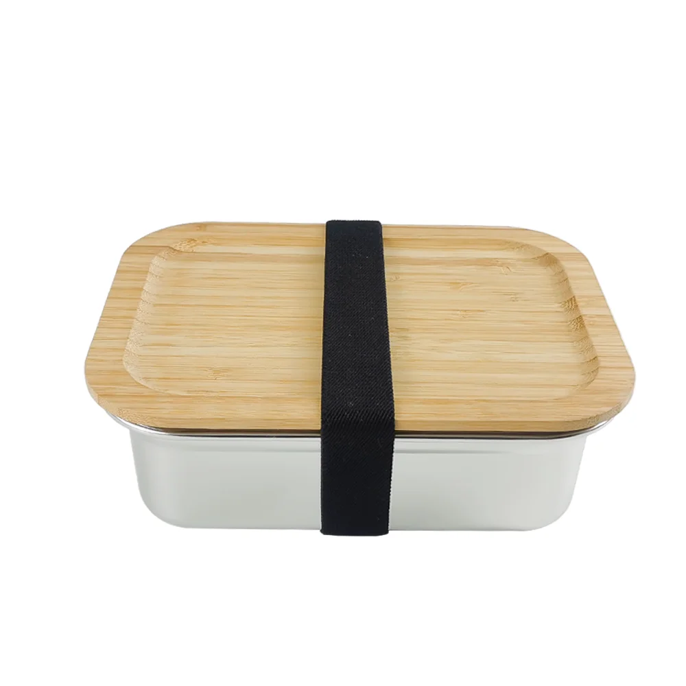 

LIHONG Eco-friendly Bamboo Cover Metal Food Container Wooden Stainless Steel Bread Bento Box steel lunch box, Silver or choose