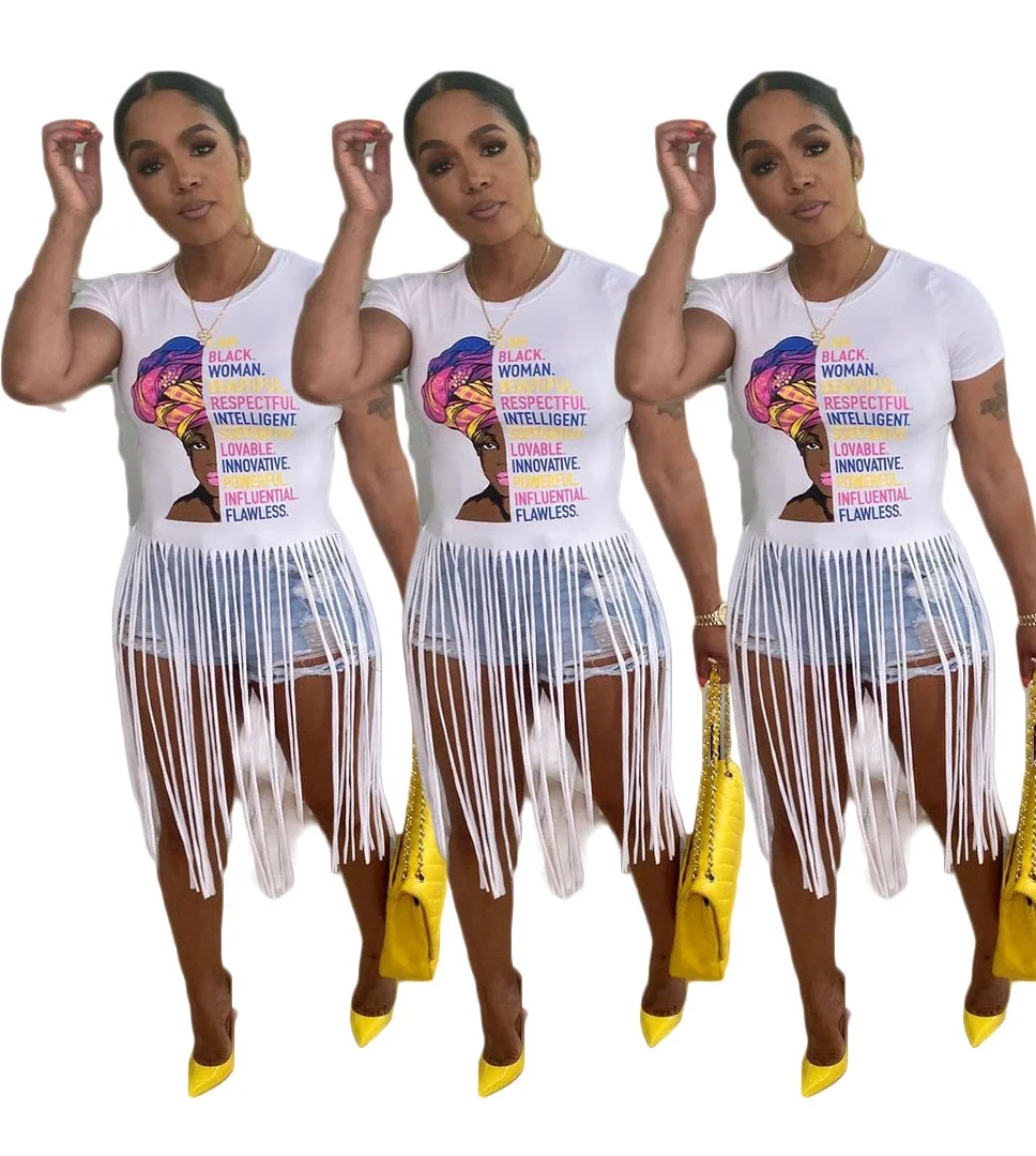 

2021 summer trendy graphic t shirts with tassel fringe women shorts sleeve casual shirt dress streetwear, 1 colors as picture