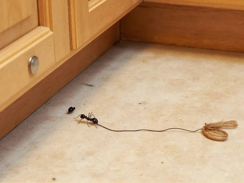 Homemade ant trap setup near kitchen cabinet