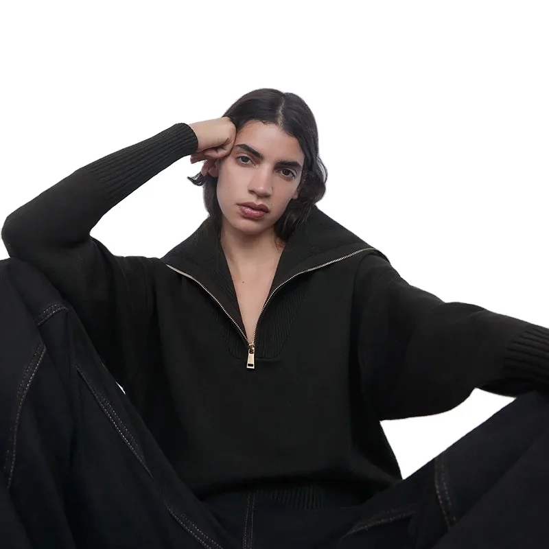 

Simple super large size zip jogger sweatshirt big lapel cool knitted pullover outnet women's sweatsuits cos sweaters for women, Black ,white