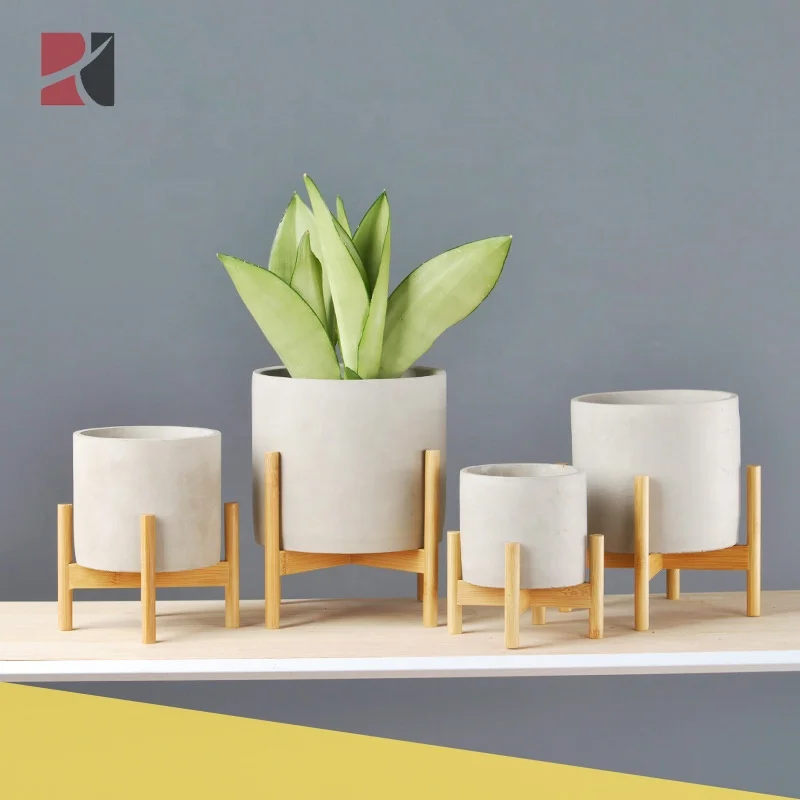 

Mid century home decoration indoor plant pot flowerpots cement planter with bamboo plant stand, As photo show or custom