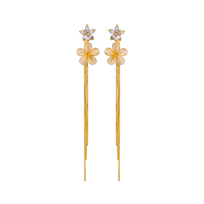 

e9112294 High-grade Long Fairy Two Flowers Opal Stone Rhinestone Jewelry Gold Plated Brass Chain Tassel Fashion Earrings