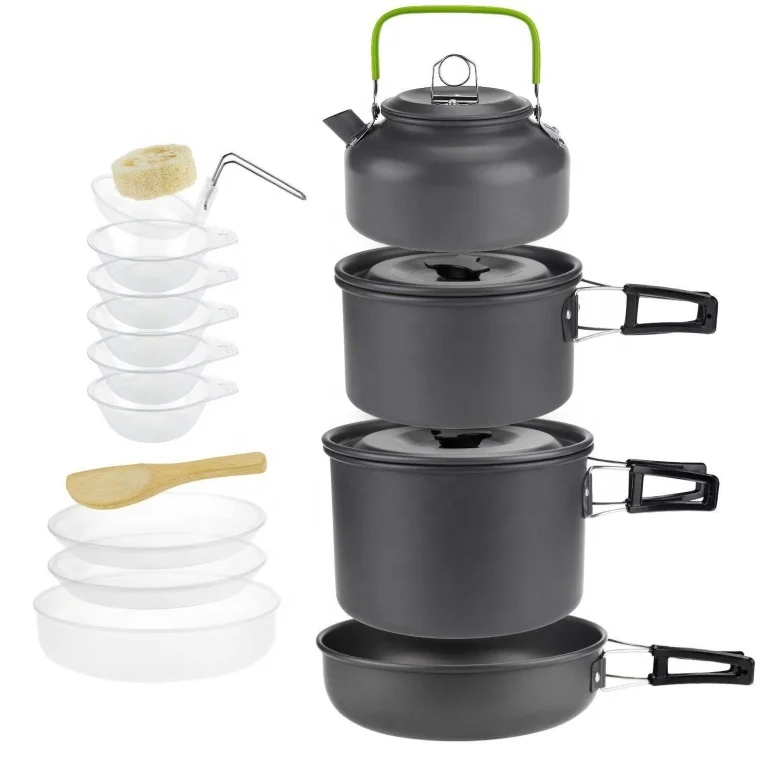 

Hard Aluminum 4-5 Person Camping Pot Outdoor Travel Cooking Cookware Set with kettle, Gray