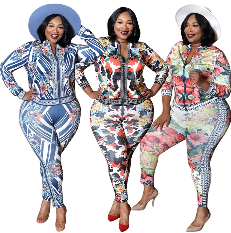 

Custom Logo Camouflage Flower Stripe Printed Cardigan Fashion Casual Two Piece Plus Size Women Suit, As picture