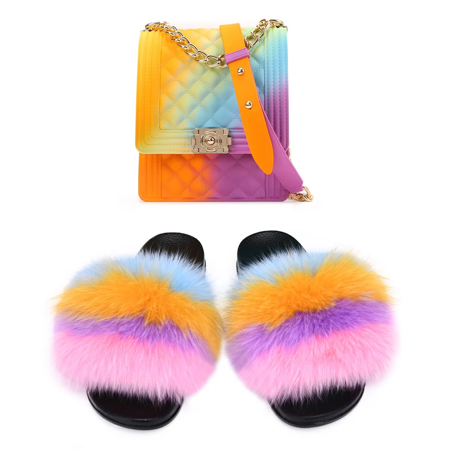 

Wholesale Fox Fur Slipper Fur Slides Matching Jelly hand Bag Fur Slides With Purse Set For Women, As the picture shown