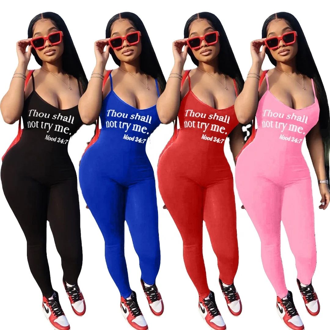 

2020 sexy low collar casual tight jumpsuits sports suit wholesale lady one piece letter printing condole belt clothing&jumpsuits