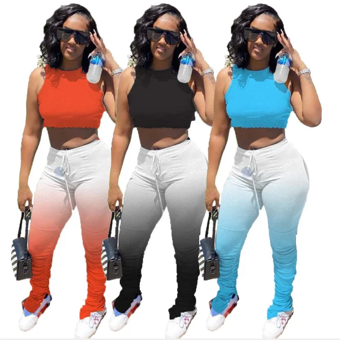 

FM-CQ019 Sexy Two Piece Set Women Stacked Pants Two Piece Set for Womens Crop Top Two Piece Outfits, As pics