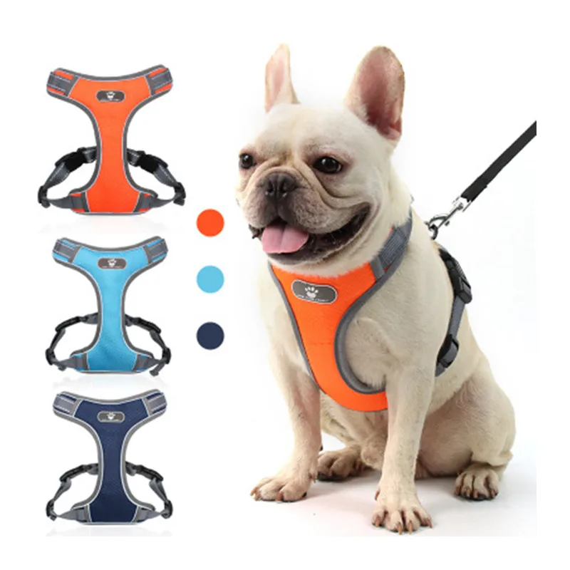 

New Breathable French Bulldog Harness Solid Reflective Dogs Harness Puppy Small Medium Dogs Cats Vest For Pug Walking Training, Blue, orange,black,pink,red