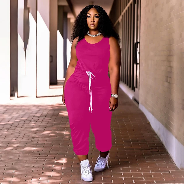 

2021 Apparel Women Simple Pure Color Loose Drawstring Sleeveless Jumpsuits Ladies Outfit Casual -CY, Black,rose red,blue,red,green
