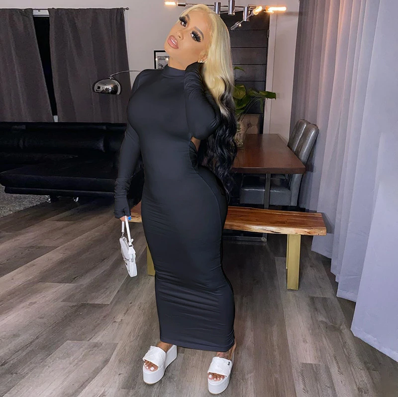 

Women high neck maxi long dress long sleeve high quality sexy party club backless hot sale festival clothing dress