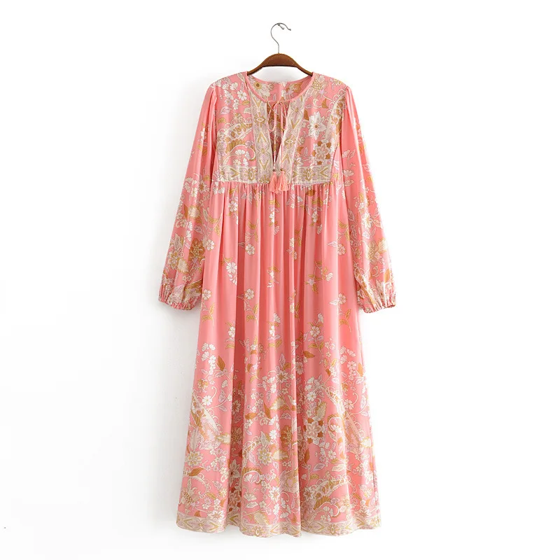 

Bohemian Holiday Style Summer New Women Dress Lady Floral printed Rayon Cotton Full Sleeves Long Maxi Dress Vestido