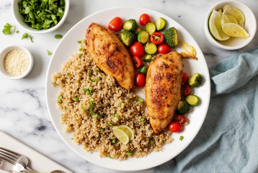 Healthy meal preparation showing cumin-spiced grilled chicken with vegetables and quinoa