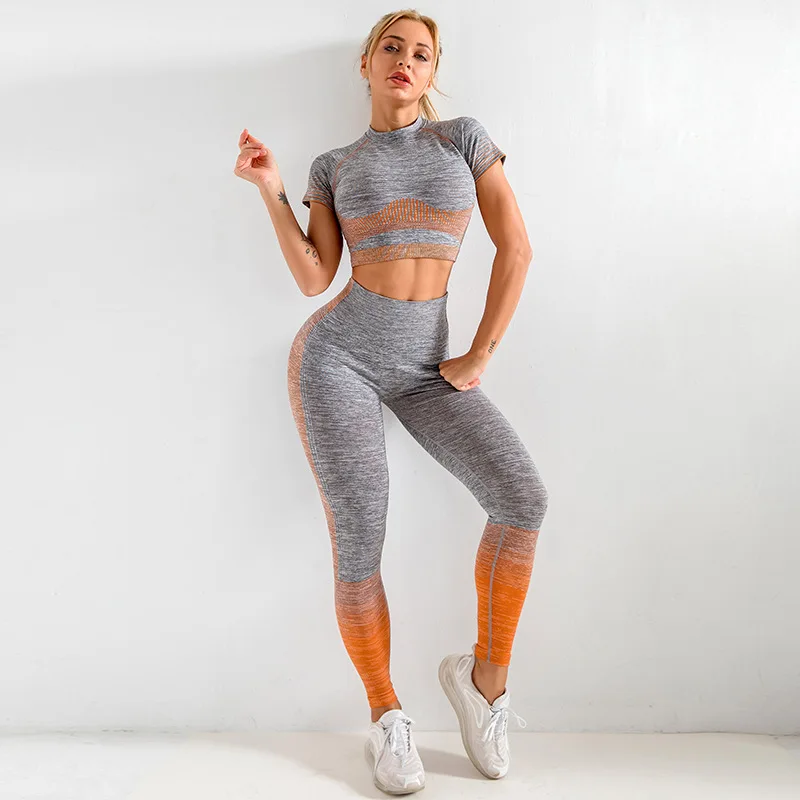 

Turtleneck Short Sleeve Crop Tops High Waist Leggings Seamless Two Piece Yoga Set Women Fitness Workout Clothing Sports Suits