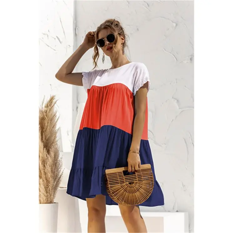 

Latest Design 2021 Summer Women Clothing Short Sleeves Dress Splicing Collision Color Casual Dress Women Mini Dress