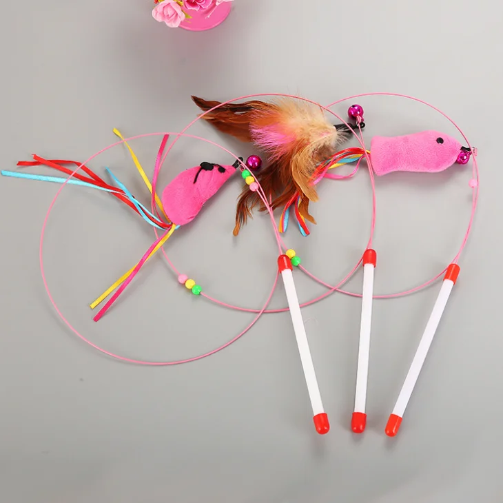 

Wholesale Fish Fishing Supplies Teaser Stick Wand Toys Stainless Steel With Feather Mouse For S Interactive Toys 10pcs