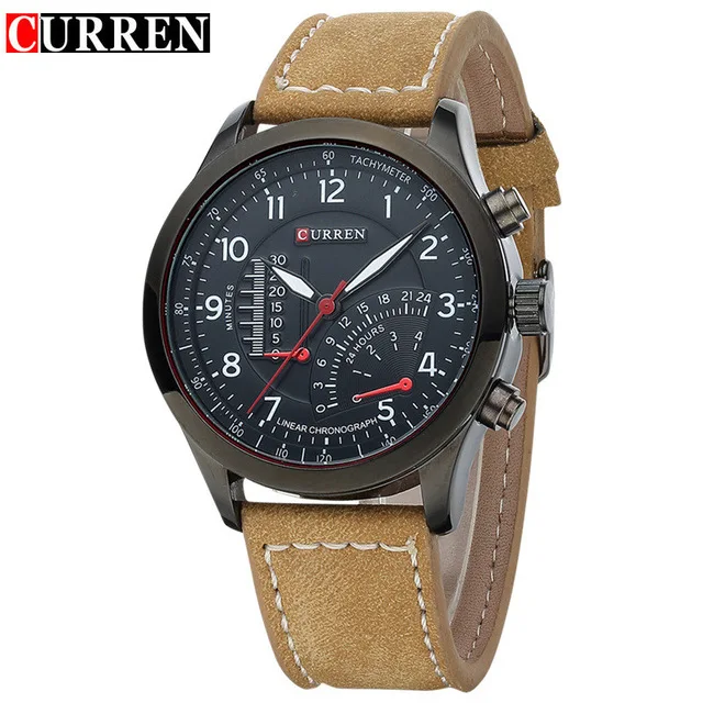 

CURREN 8152 Men Quartz Watches Casual Simple Dial Chronograph Wristwatches Military Leather Strap Tachymeter Watch, 3 colors to choose