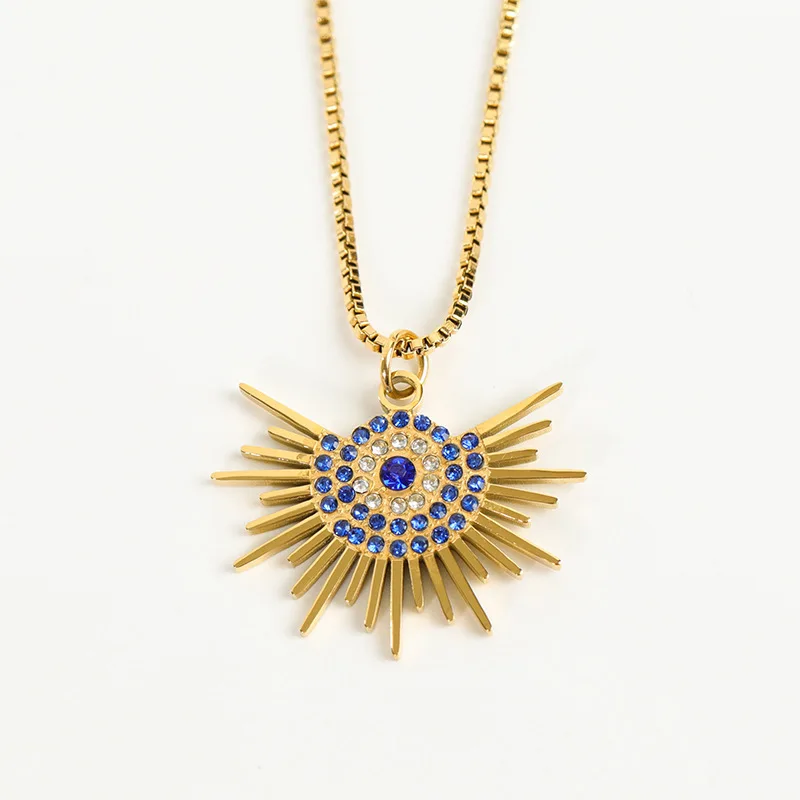 

Good Quality Gold Plated Box Chain Cubic Zircon Sun Pendant Necklace Fade Resistant Stainless Steel Blue Evil Eyes Necklace