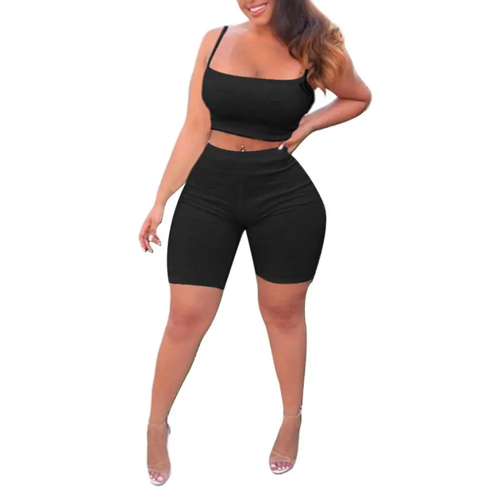 

Women's Bodycon 2 Pieces Outfit Spaghetti Strap Crop Tank Top Shorts Pants Sets
