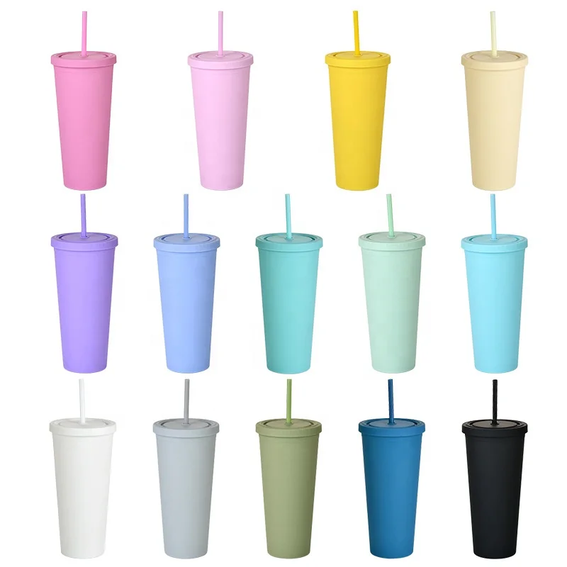 

Custom 700ml Pastel Colored Acrylic Cups with Lids and Straws Double Wall Matte Plastic Bulk Tumblers, As picture