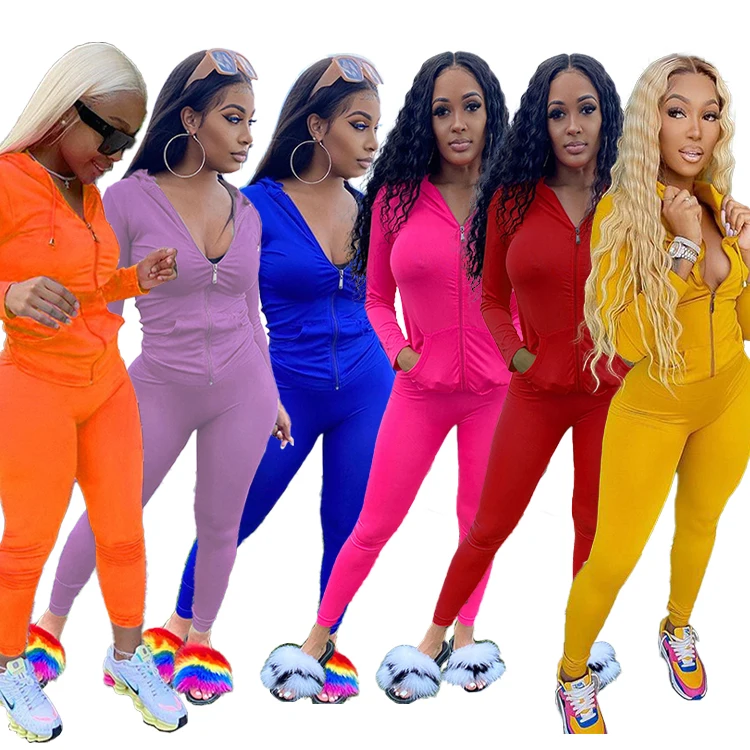 

2 Pcs Women'S Long Sleeve Cardigan Zipper Hoodie Tight Slim Stretch Trouser Yoga Sport Suit Athletic Sets