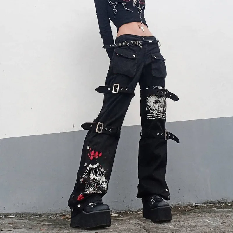 

Street early autumn 2021 printed buckle button denim pants Black Punk Jeans Buckle Cargo Streetwear Big Pocket Trousers