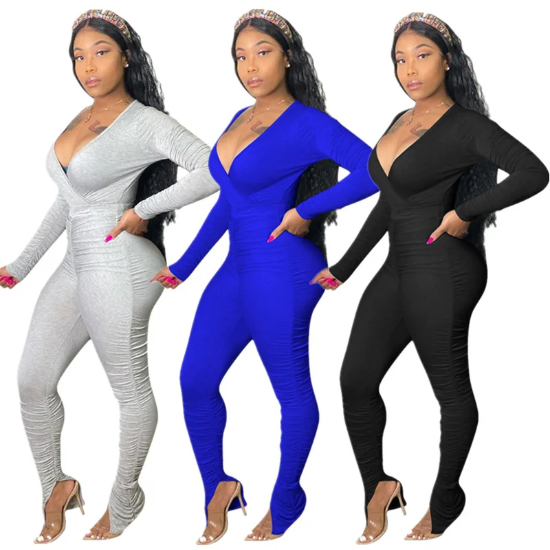 

New fall 2022 Long Sleeve Bodycon Women solid deep V Neck Jumpsuit Bodysuits Jumpsuit women