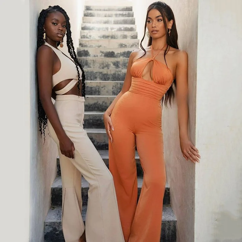 

2021 hot-selling new style jumpsuit street shooting sexy open back wrapped chest hanging neck straight leg pants