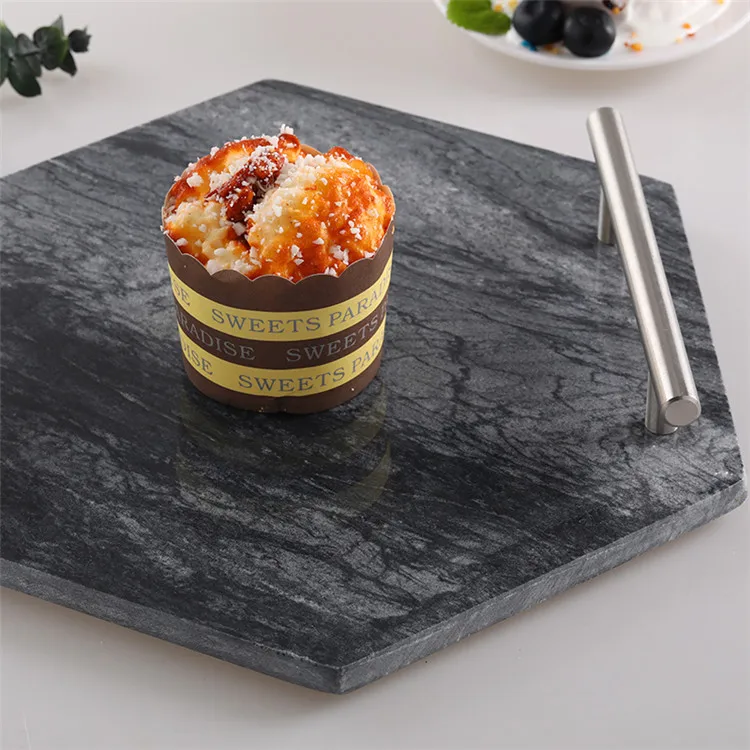 

Hexagon Marble Metal Serving Tray With Handles For Home Decor And Hotel, As picture