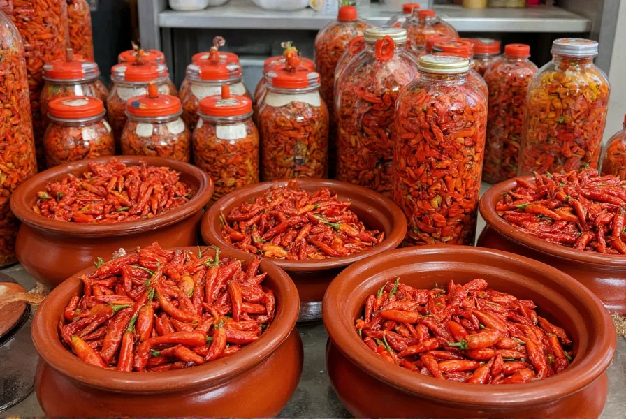 Properly stored Korean chili products including gochugaru in glass jars and gochujang in traditional onggi pots